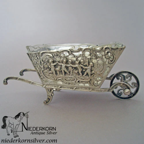 German 800 Silver Wheelbarrow Condiment Dish with Original Glass Liner1