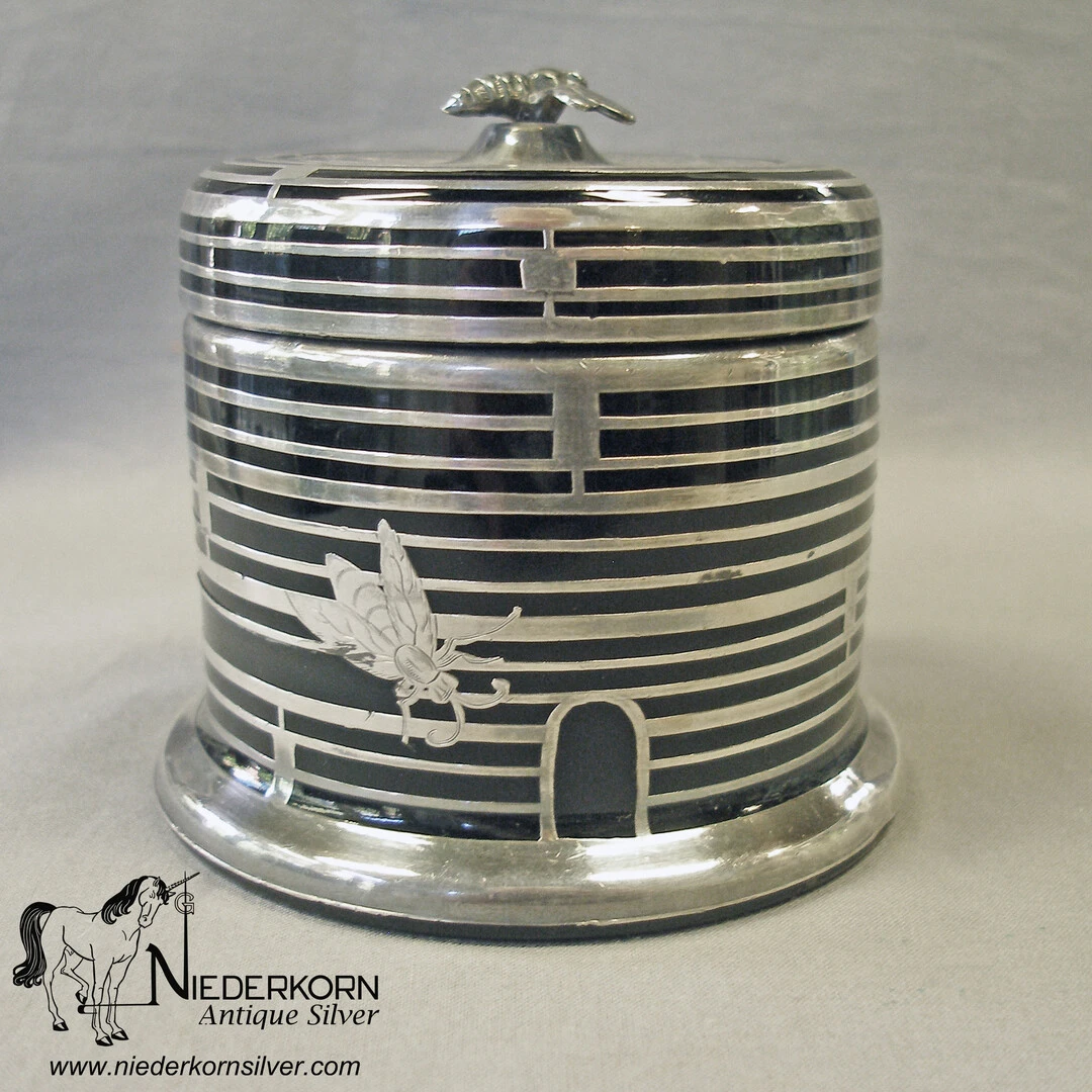 Black Glass Honey Pot with Sterling Silver Overlay