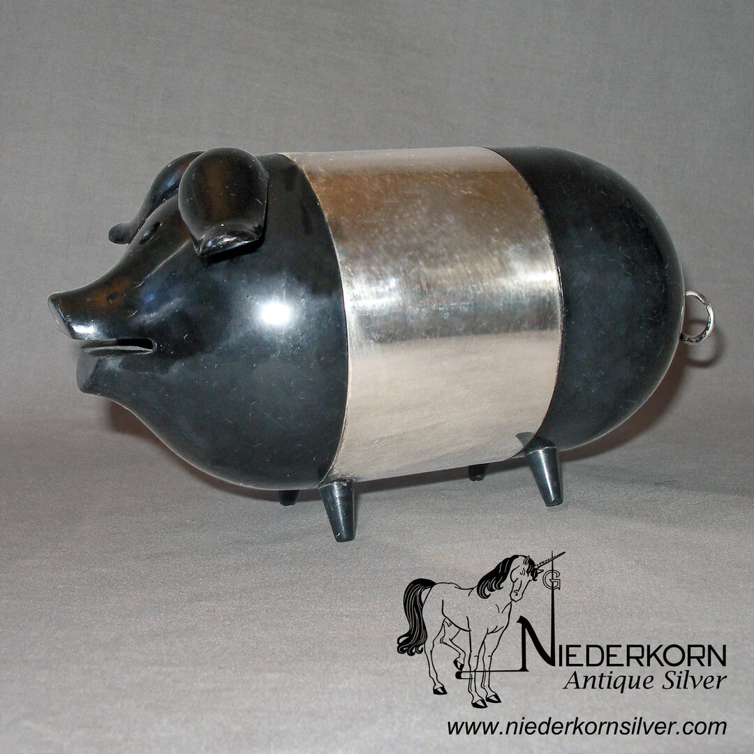 Sterling Silver and Black Plastic Piggy Bank 