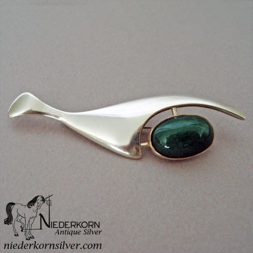 Sterling Silver Modernist Designed Whale Pin with a Green Stone