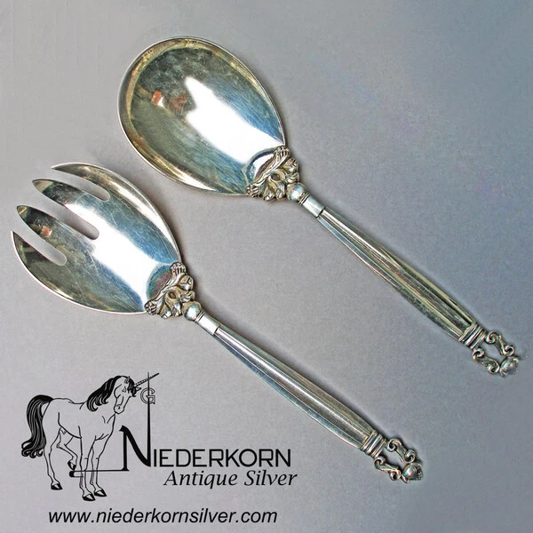 Sterling Georg Jensen Acorn Serving Set, Spoon and Fork, Large